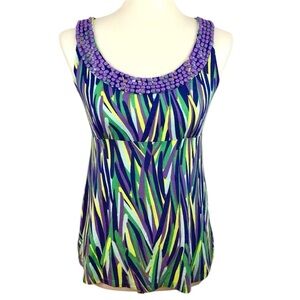Boden Colorful Spring Botanical Beaded Neck Jersey Mod Tank Top